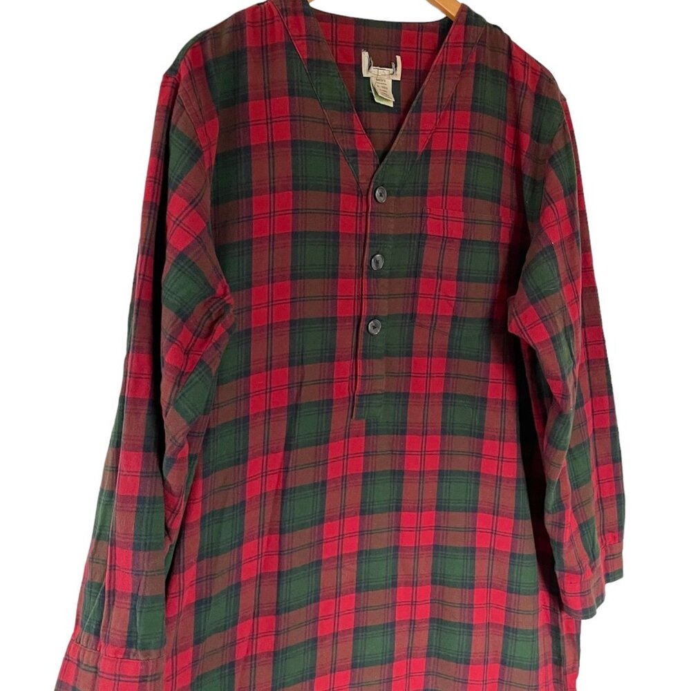 Vintage LL Bean Flannel Night Sleep Shirt Medium M Mens Red Green Plaid Long Slv